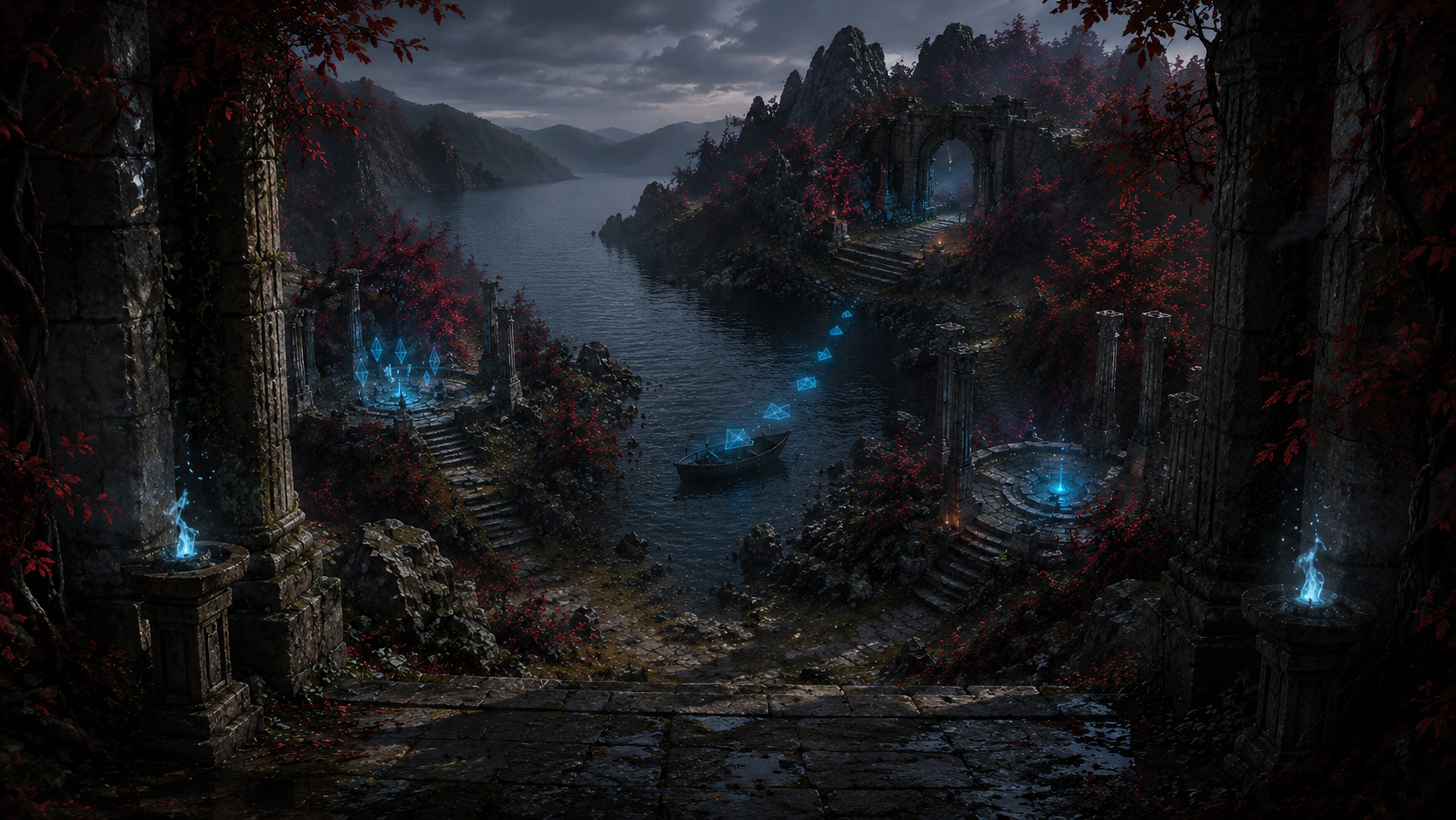 Ixian lake gate room with blue water and distant light
