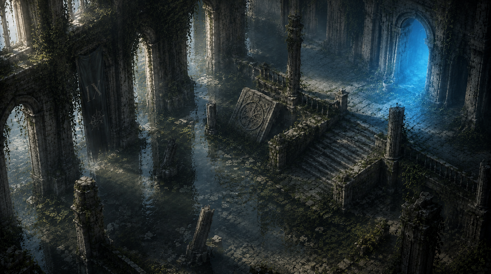 Dark Ixian ruins and stone path artwork