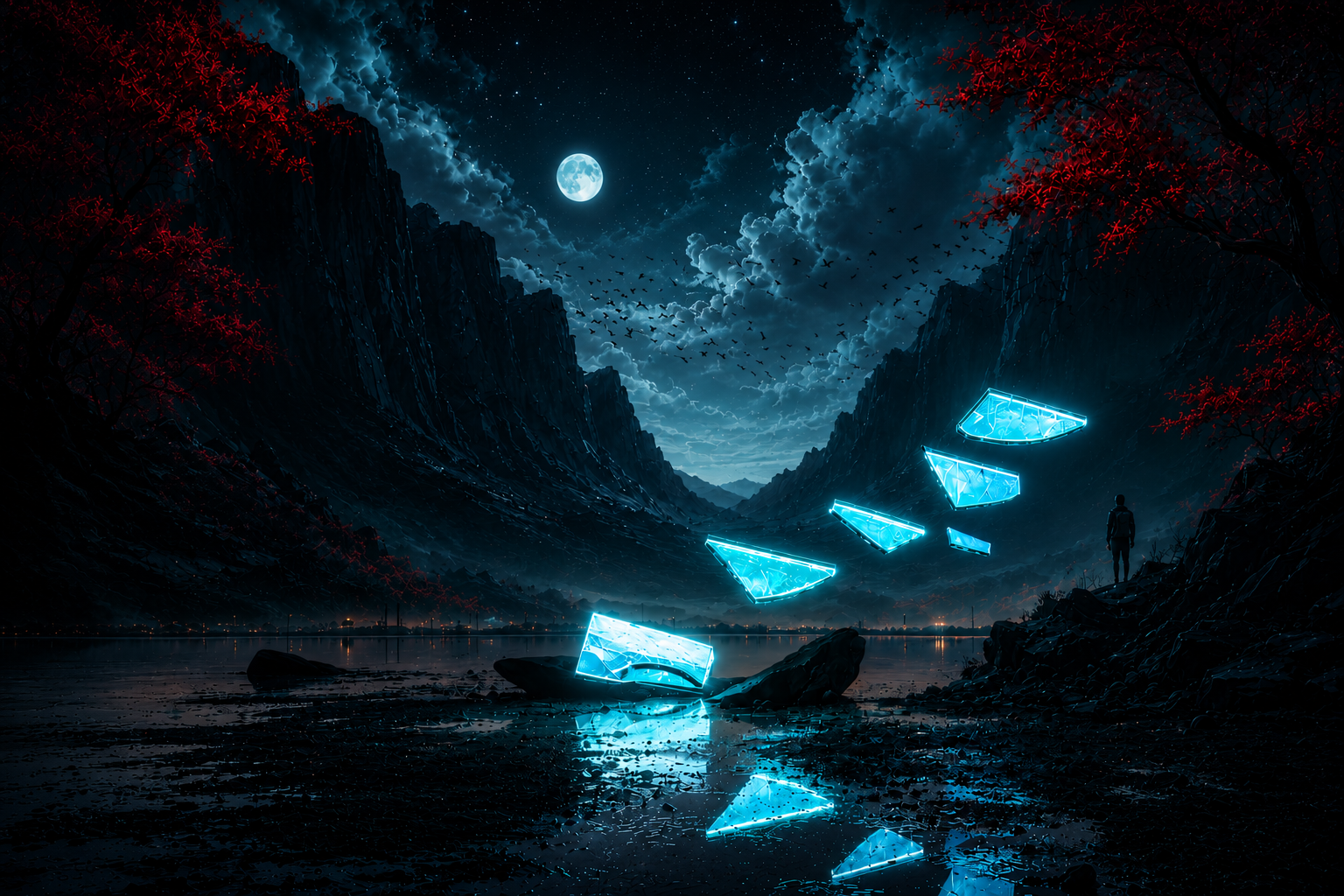 Ixian Resurgence artwork with moonlit water and blue crystals