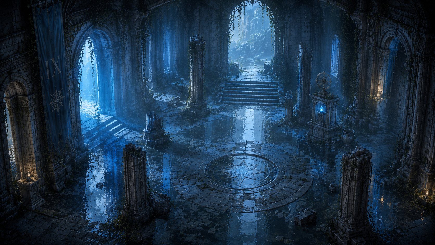 Ixian temple room with stone architecture and blue water